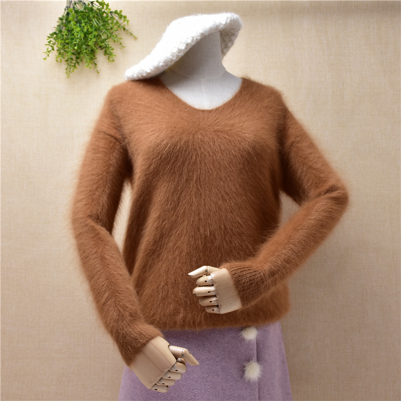 Ladies basic clothes winter round neck long sleeve mink cashmere knitted boomtting sweater angora rabbit fur pullover female alx