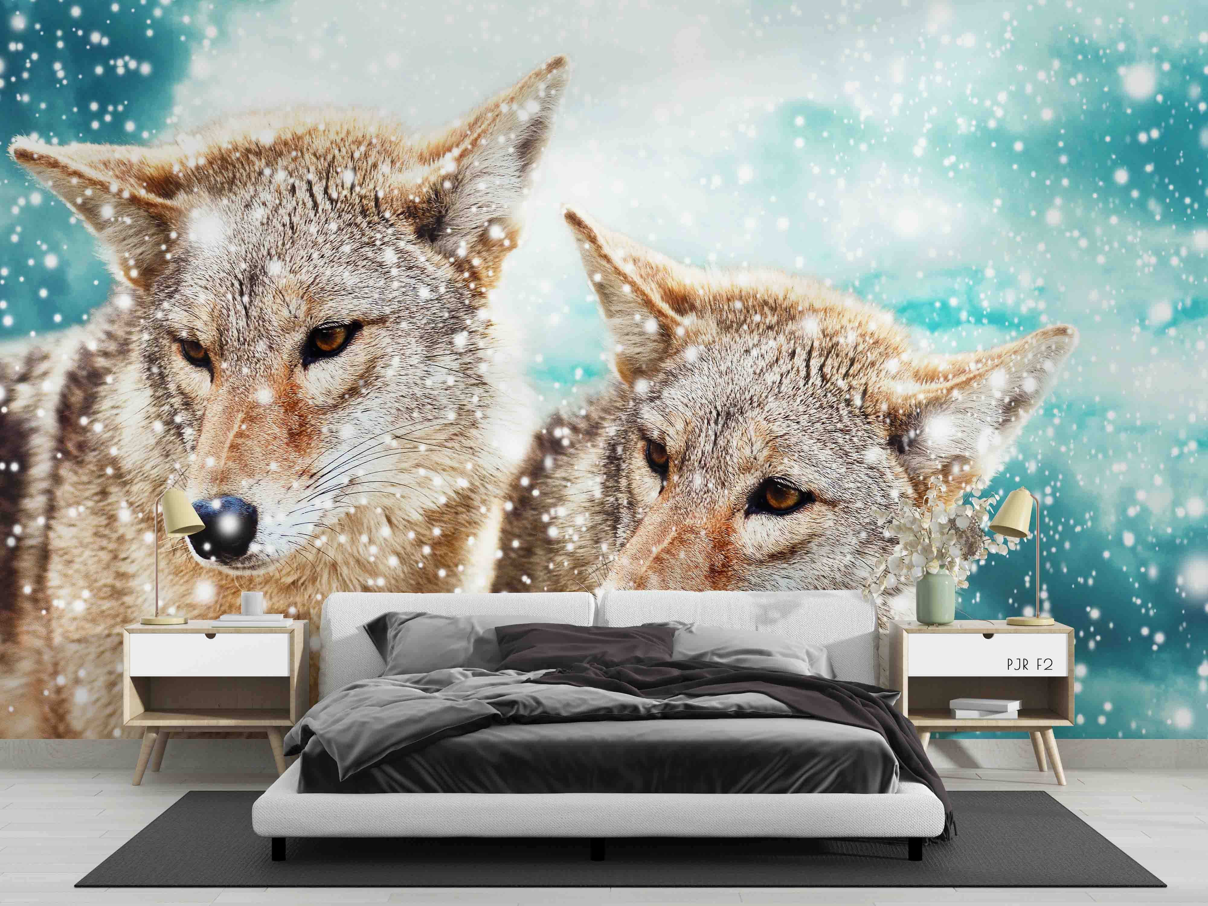 3D Animal Fox Couple Snow Wallpaper Wj 1376