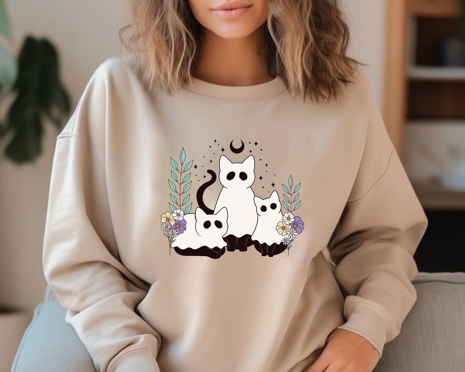 Black Ghost Cat Halloween Sweatshirt 2D Crewneck Sweatshirt All Over Print Sweatshirt For Women Sweatshirt For Men