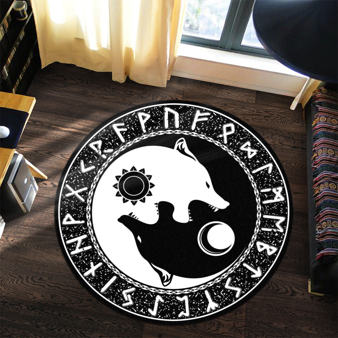 Viking Round Carpet – Yin Yang Wolf And Rune Round Carpet All Over Print