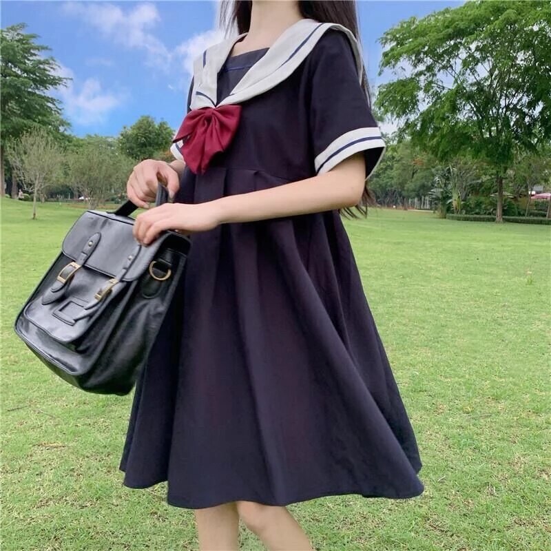 A-line Dress Women Sweet Kawaii Japanese Style College Autumn New Sailor Collar Patchwork Bow Fashion Leisure Loose Popular Chic alx