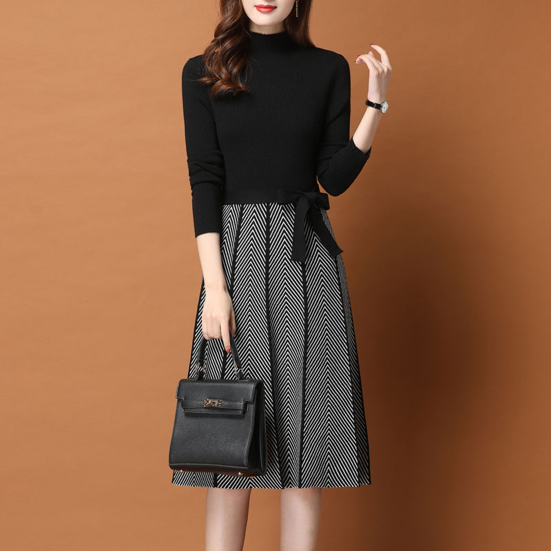 #1023 Black Blue Khaki Pleated Knitted Dress Women Casual A-line Derss High Waisted O Neck Sweater Dress With Belt Long Sleeved alx