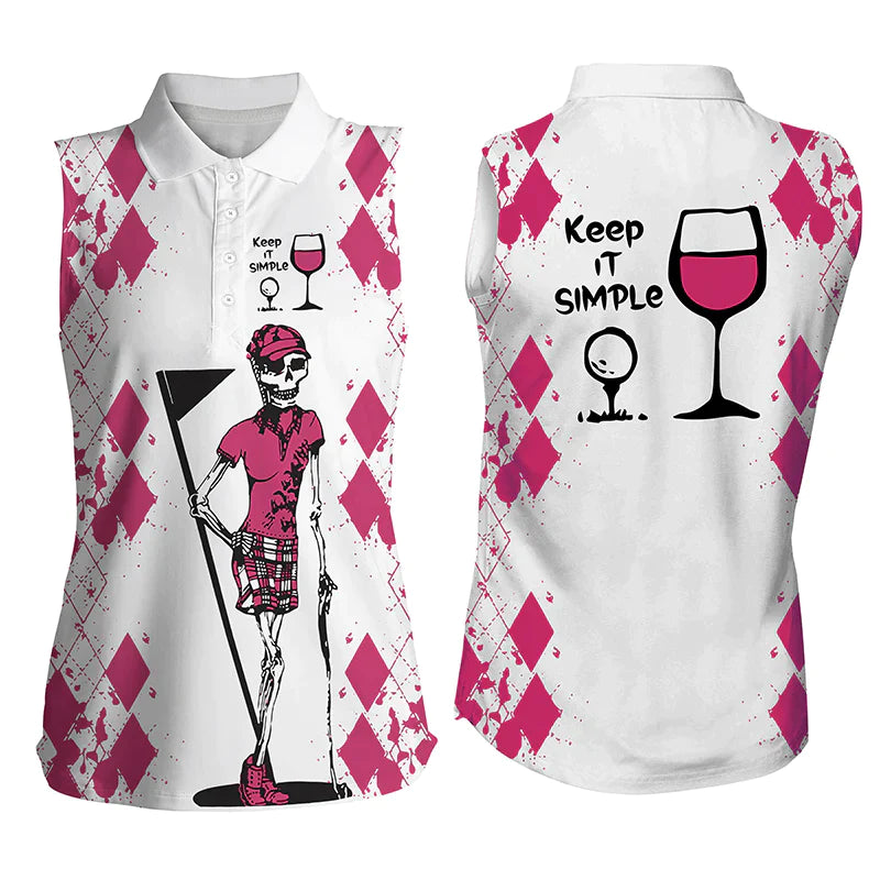 White Pink Womens Golf Shirt, Skull Keep It Simple Golf & Wine Women’S Sleeveless Golf Polo Shirt