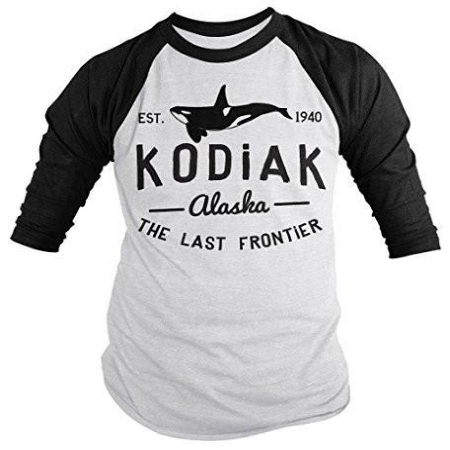 Shirts By Sarah Men’s Kodiak Alaska Shirt Last Frontier Orca Whale 3/4 Sleeve Shirts