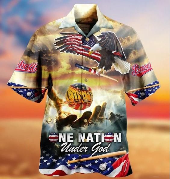 Baseball One Nation Under God Aloha Hawaiian Shirt Colorful Short Sleeve Summer Beach Casual Shirt For Men And Women