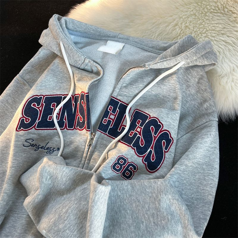 Vintage Letter Print Zipper Hoodie High Street Loose Y2K Streetwear Women Hoodies Oversized Korean Casual Street Sweatshirt alx