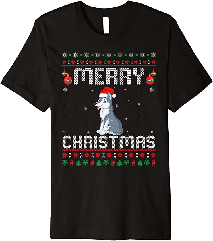 Wolf Merry Xmas Design Matching Ugly Christmas Holiday Premium T-Shirt