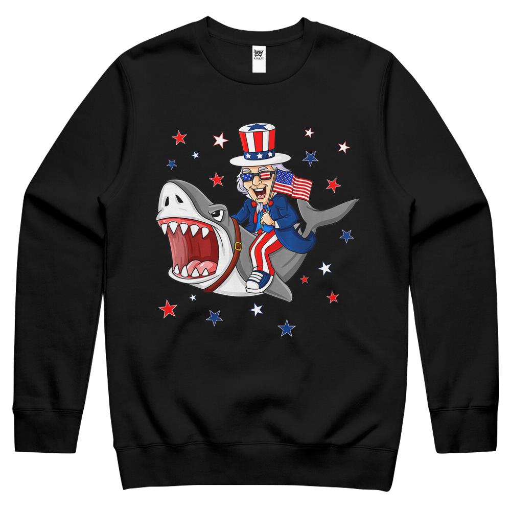 4Th July Shirts, Fourth Of July Crewneck Sweatshirt, Patriotic Shirt Womens Men, Uncle Sam Riding Shark 4Th Of July Patriotic Boys Funny Crewneck Sweatshirt