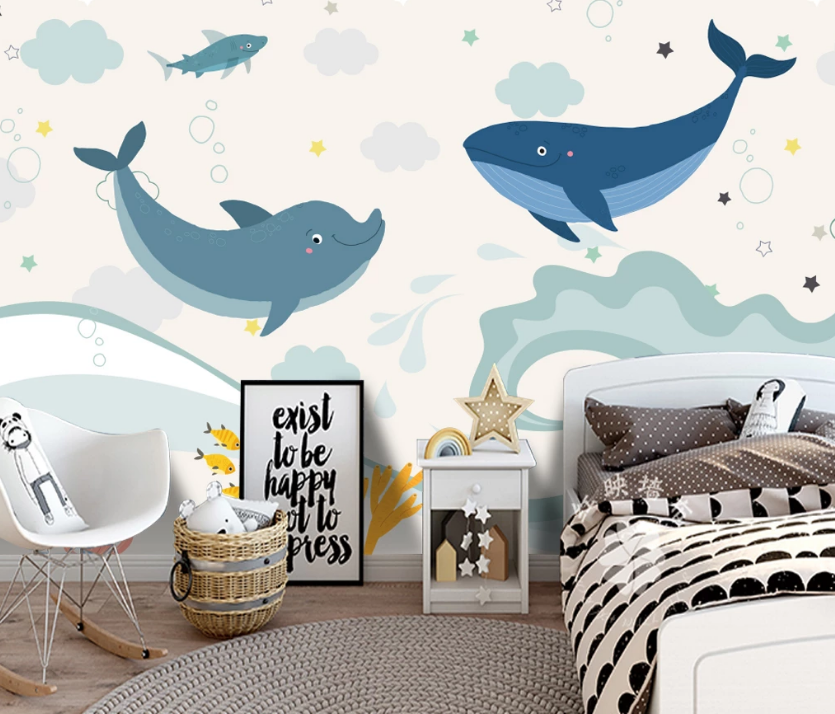 3D Cartoon Ocean Dolphin Whale Cloud Background Wall Mural Wallpaper Lxl