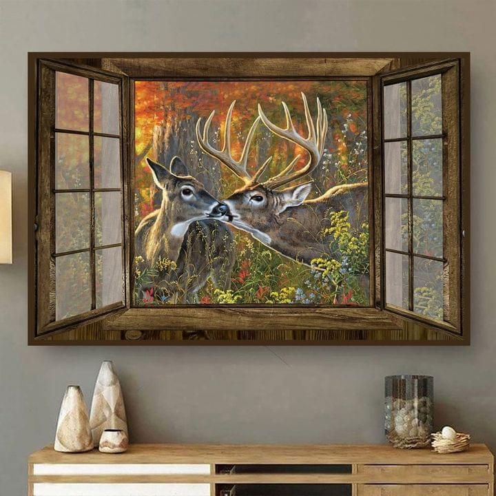 Deer Couple Out Of Window Forest Poster poster canvas