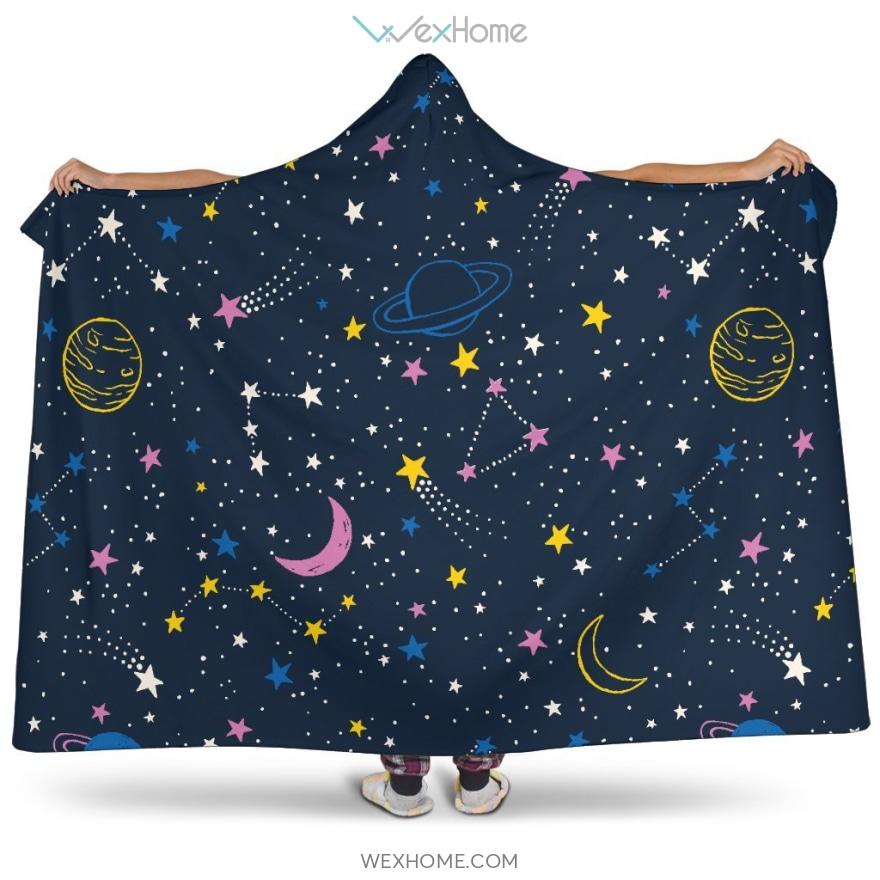 Space Pattern With Planets, Comets, Constellations And Stars Hooded Blanket