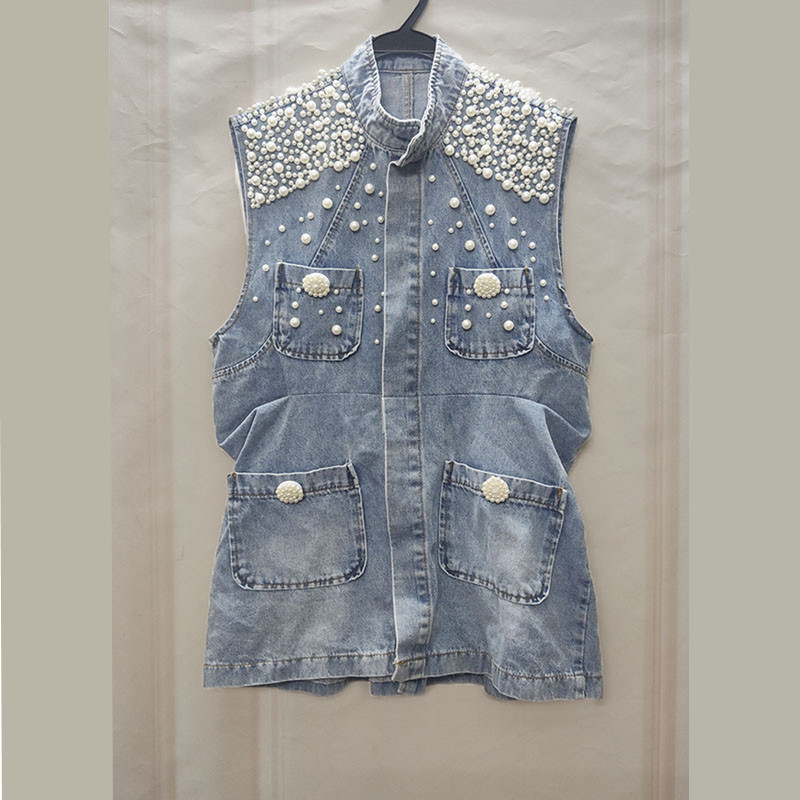 Summer 2022 Women Harajuku Covered Button Loose Pocket Pearl Beaded Denim Vest Casual Casaco Feminino 5XL Sleeveless Jeans Tops alx