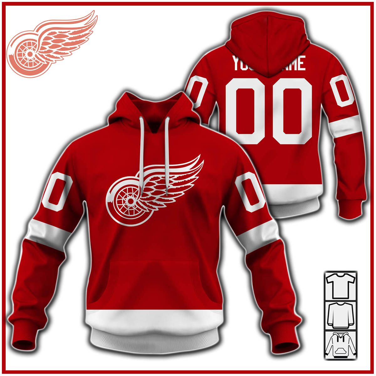 Detroit Red Wings Custom Name Number Throwback Vintage Home Jersey Pullover Hoodie