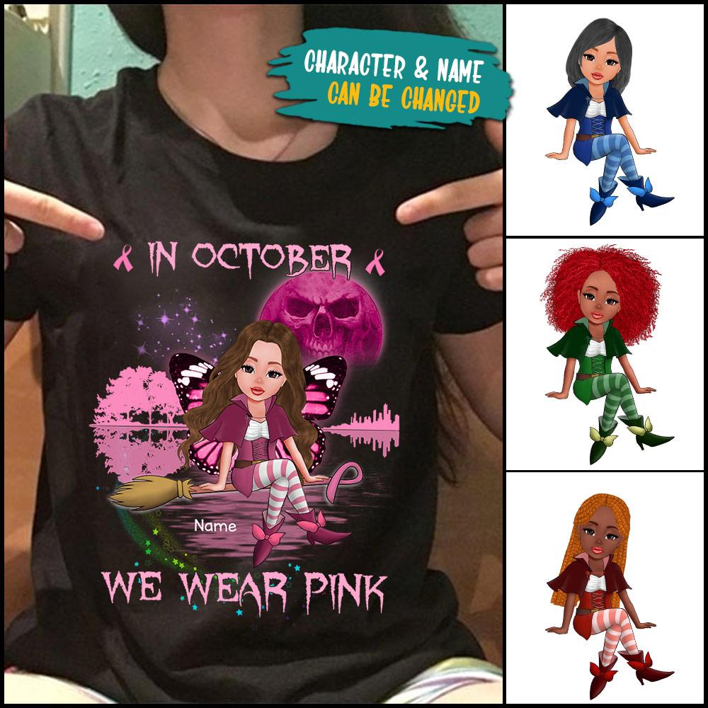 Personalized In October We Wear Pink Shirt Breast Cancer Awareness Hallowen Pink Shirt Customized Name Shirt