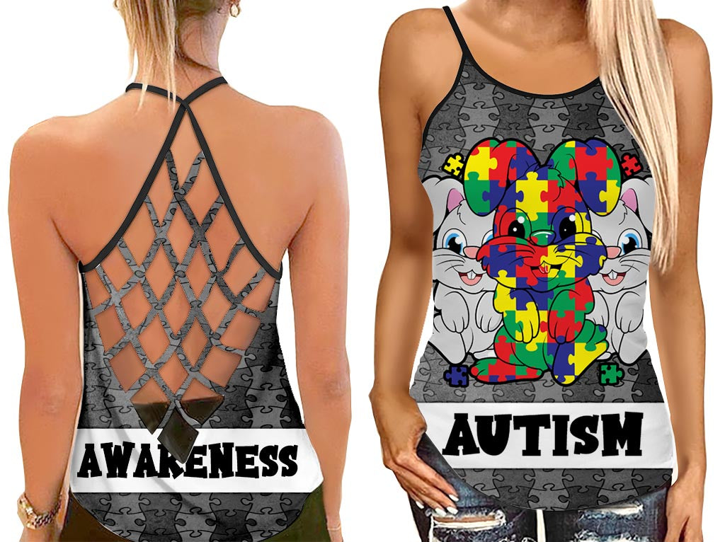 Rabbits Puzzle Tank Top Shirt Women – Autism Awareness Freedom Cross Open Back Camisole Tank