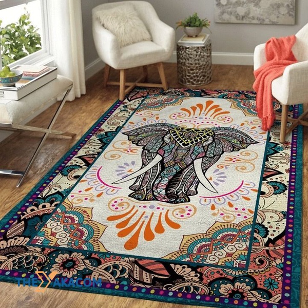 Boho Elephant Painting Rectangle Area Rug Floor Decor