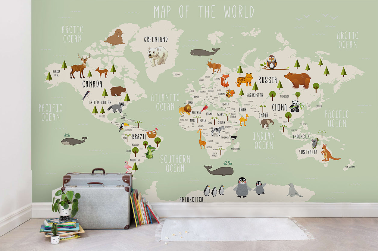 3D Animals World Map Wall Mural Wallpaper 41