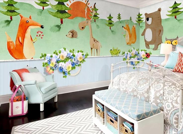 3D Hand Drawn Green Forest Animal Wall Mural Wallpaper Lqh 590