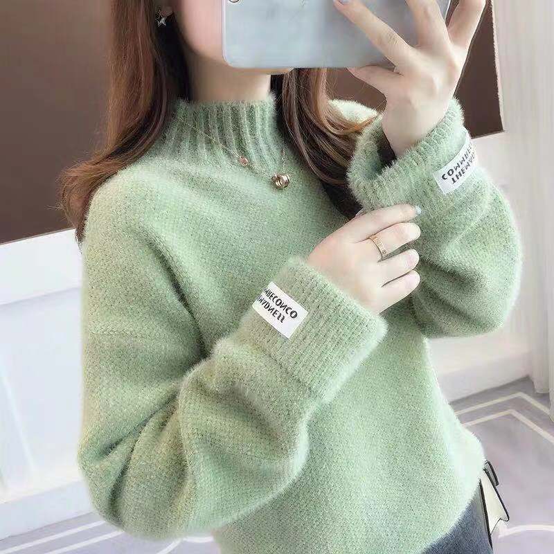 Women’s Turtleneck Sweater New Fall/Winter Imitation Mink Velvet Loose Knit Sweater Half Turtleneck Solid Color Warm Sweater Top alx