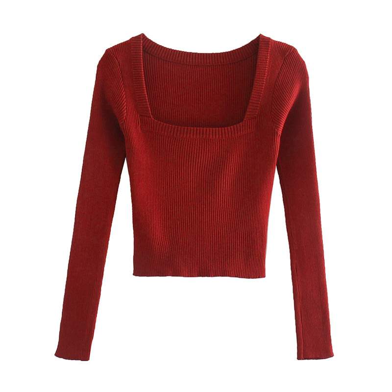 BLSQR Vintage Square Neck Women Sweater Red Long Sleeve Female knitted sweater Elasticity ladies pullover jumper alx