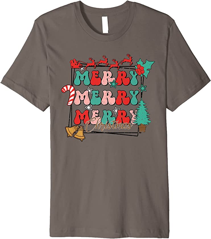 Retro Merry Christmas Santa Reindeer Candy Cane Xmas Tree Premium T-Shirt