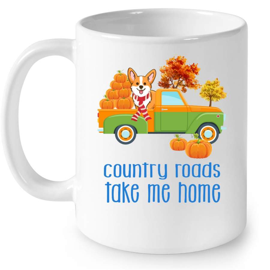 Country Roads Take Me Home Corgi Dog Fall Season Vintage Car Pumpkin – Full-Wrap Coffee White Mug