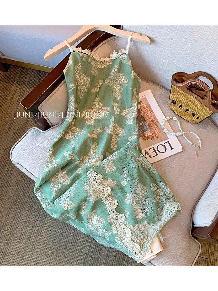 Summer Vintage Long Dress Women Sexy Slit Floral Print Bodycon Green Vestidos French Chic Lace Patchwork Spaghetti Strap Dresses alx