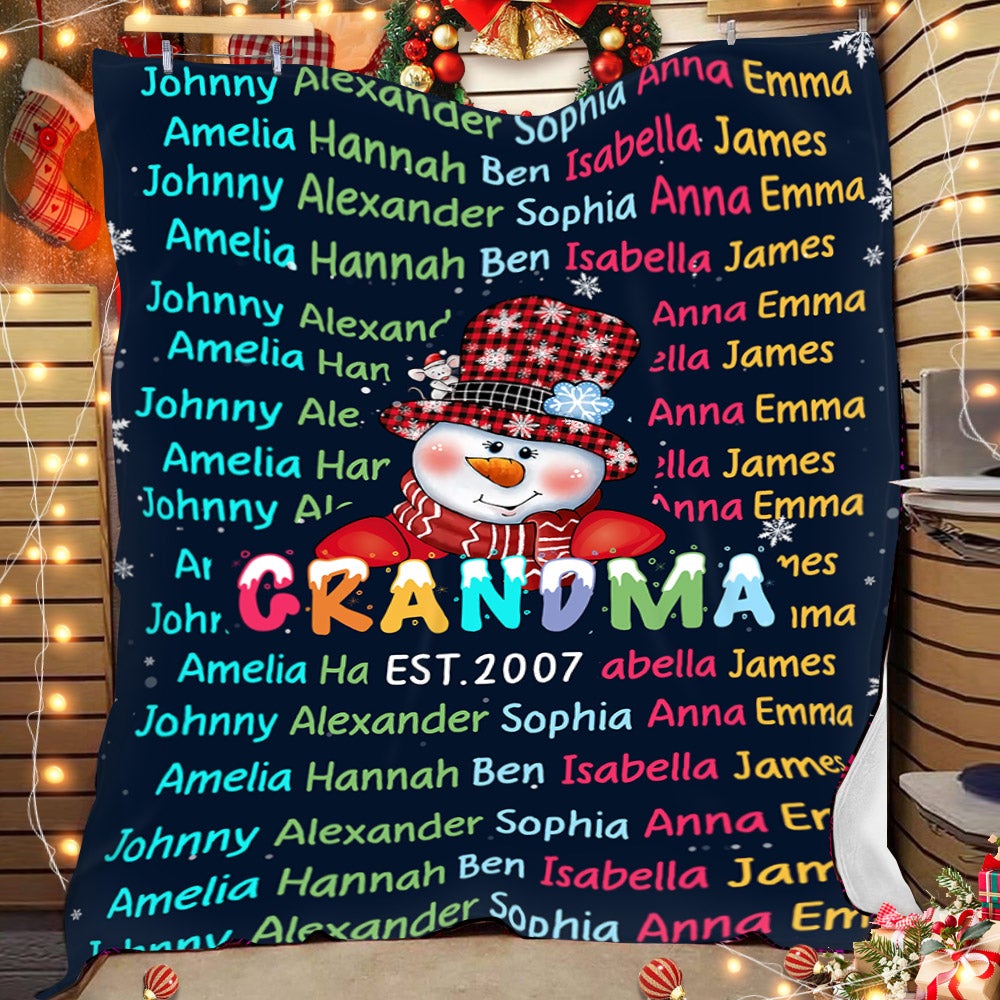 Personalized Grandma Snowman With Grandkids Name Chrsitmas Blanket Grandma Christmas Blanket Hn98