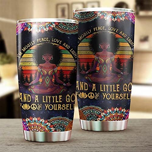 African American Yoga Girl Stainless Steel Tumbler I’M Mostly Peace Love And Light Gift For Yoga Lover Women Black Girl Yoga Tumbler Gifts Birthday Christmas Thanksgiving