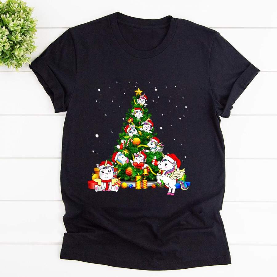 Cute unicorn christmas tree merry christmas funny gift candy cane ornament black cotton t shirt for men and women S-6XL