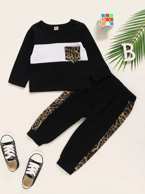 Baby Boy Contrast Leopard Spliced Tee With Sweatpants