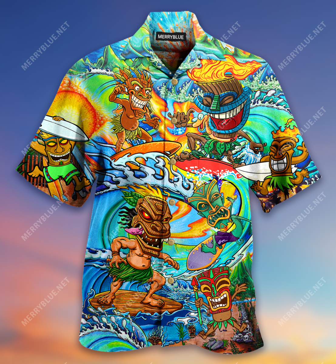 Aloha Tiki Surfing Into The Sunset Unisex Hawaii Shirt Ha66134