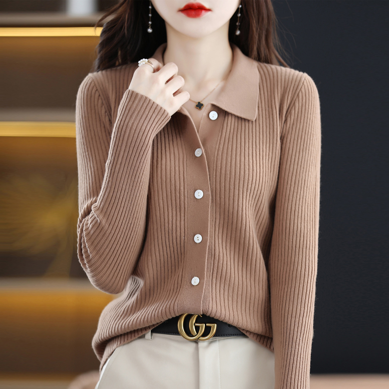 Spring and Autumn New POLO Collar Wool Cardigan Women’s Long-Sleeved Top Loose Knitted Sweater Basic Solid Color Cashmere Jacket alx