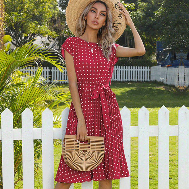 Summer Dresses For Women 2022 High Waist Midi Elegant Pleated Polka Dots Office Lady Dinner Party Vacation Dress Clothes Robes alx