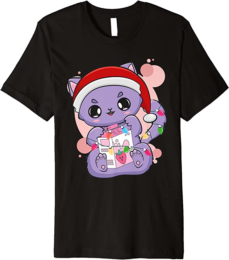 Cat Kitten Anime Chibi Neko Strawberry Milk Cute Christmas Premium T-Shirt