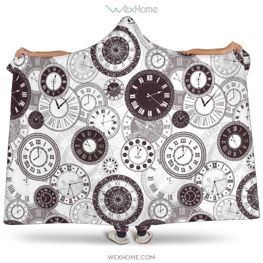 Classic Vintage Clock Pattern Hooded Blanket