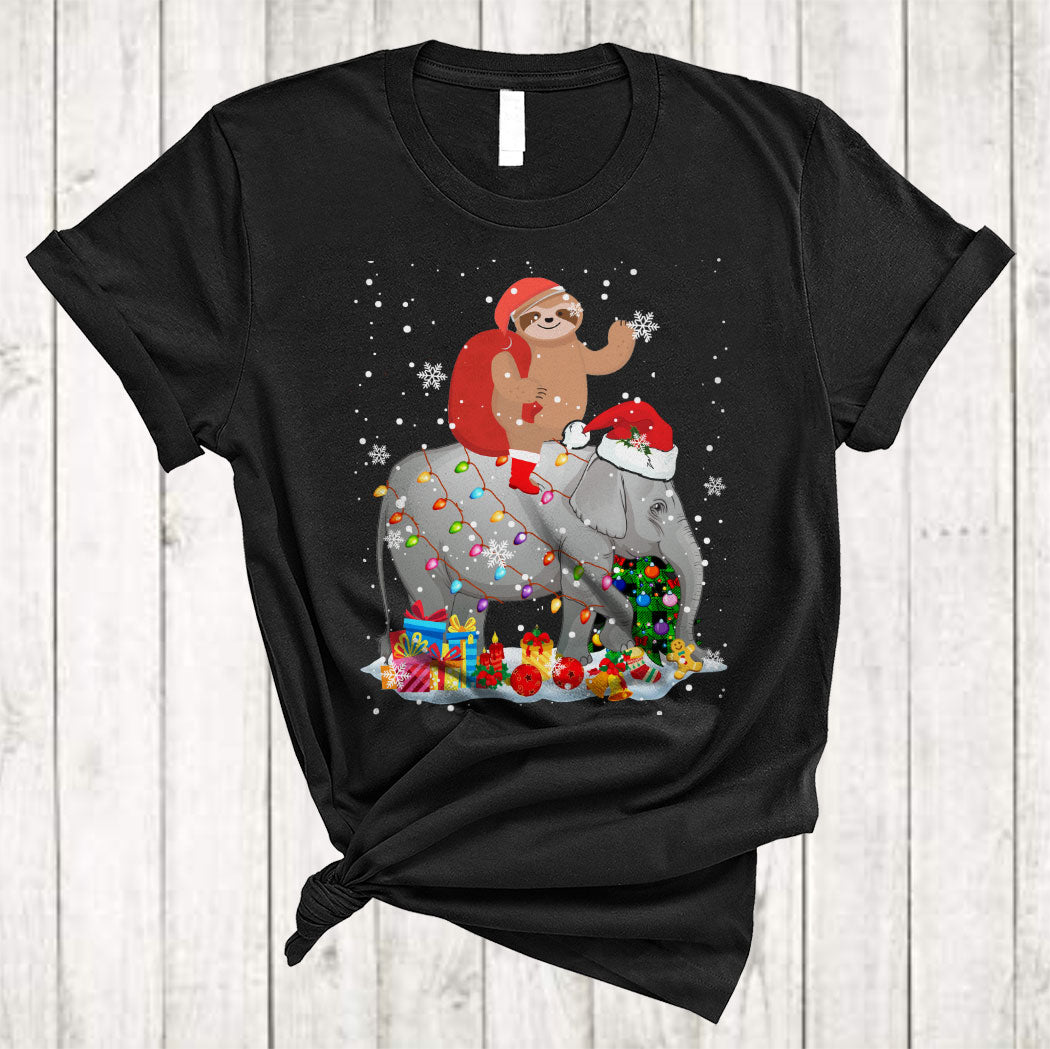 Santa Sloth Riding Elephant Funny Christmas Lights Tree Green Plaid Sloth Elephant Lover Gifts T-Shirt