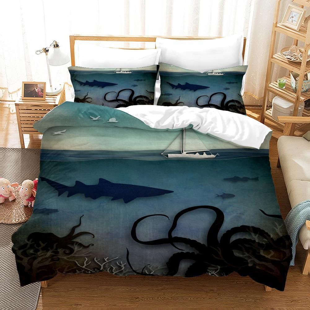 3D Blue Shark Octopus Sailboat Ocean Bedding Set Bedroom Decor