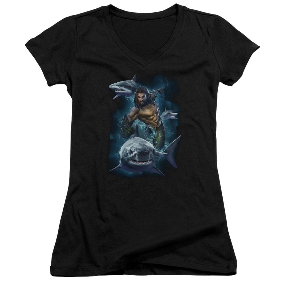 Aquaman Movie Swimming With Sharks – Juniors V-Neck T-Shirt