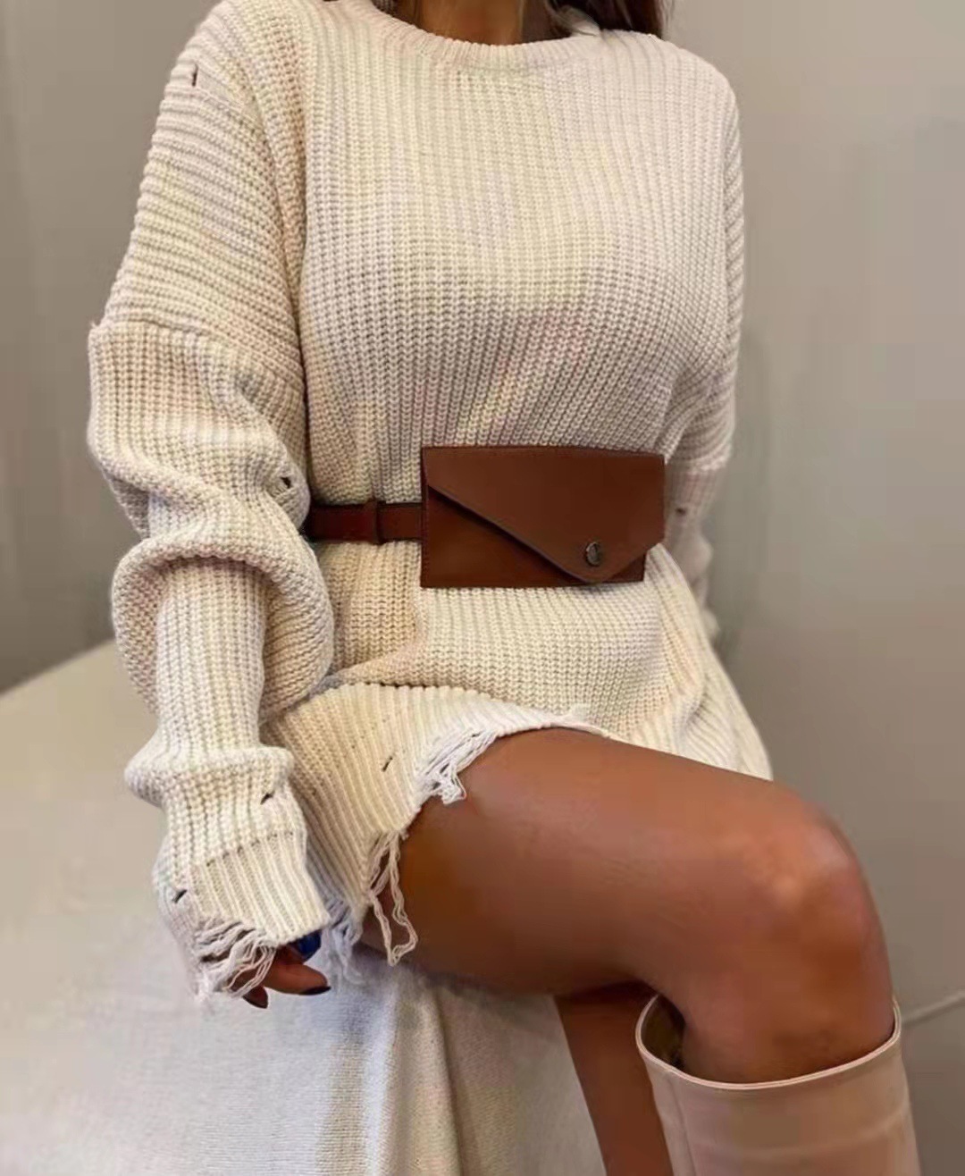 Woman 2021 Long Knitted Sweater O Neck Sweater Dress Y2k Ripped Hem Sweater Sexy Women Knitted Mini Dress Oversized Pullovers alx