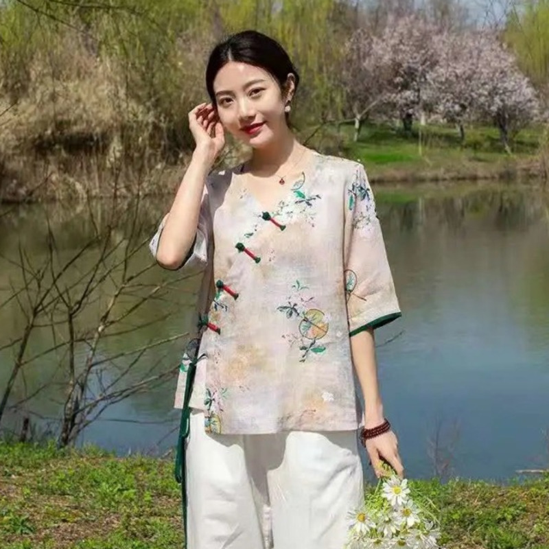 Vintage Cotton Linen Floral Print V Neck Shirt Chinese Style Traditional Female Hanfu Blouse National Loose Women Tops Tang Suit alx