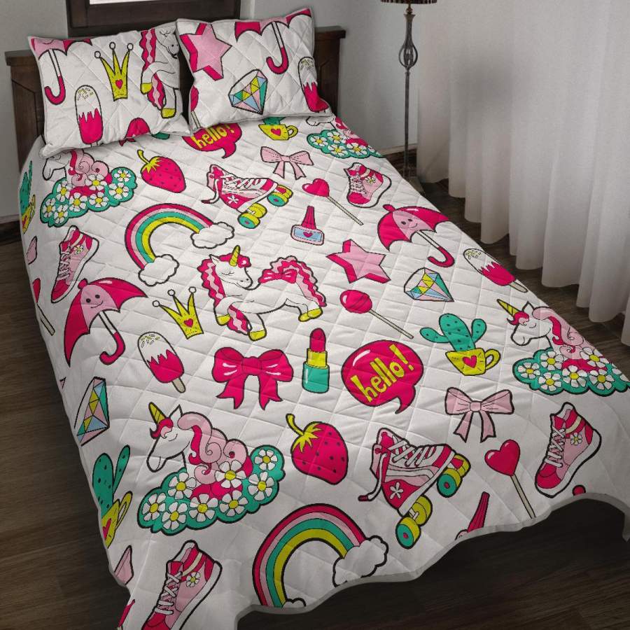 White Girly Unicorn Pattern Print Quilt Bed Set