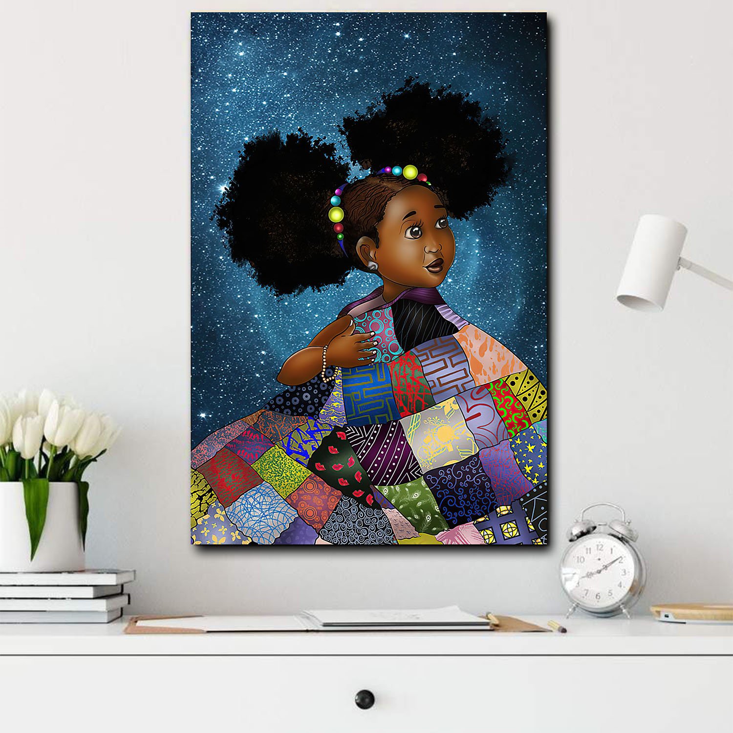 African Canvas Paintings Black Girl Cartoon Chibi Afro Home Decoration