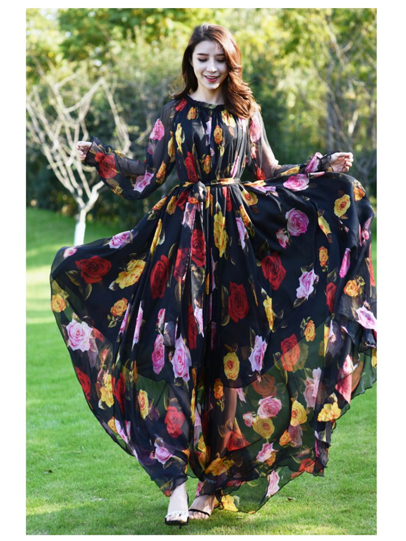 2022 Chiffon Peacock Print Long Sleeve Maxi Dress Bohemia Dress Full Plus Size Celebrity/Graduation/Dinner Beach Sundress alx