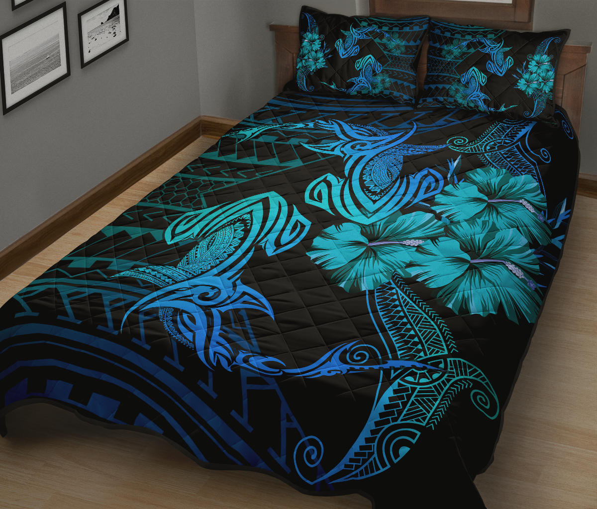 Alohawaii Home Set – Hawaii Couple Shark Hibiscus Polynesian Quilt Bed Set – Blue – Mina Style – Ah – J2