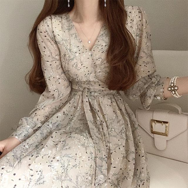 2020 Autumn Basic Long Dress Long Sleeve V Neck Floral Printed Retro Vintage A Line Women Dresses Chic Korea Fashion Vestidos alx