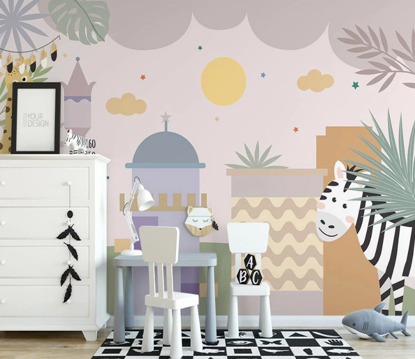 3D Cartoon Colorful Building Tree Zebra Animal Background Wall Mural Wallpaper Lxl