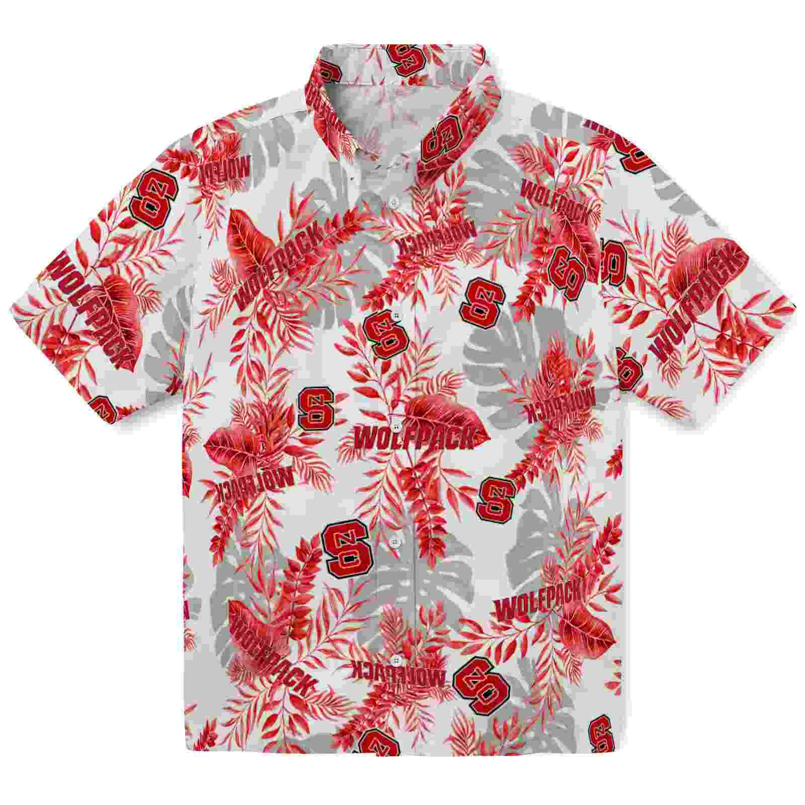 Nc State Wolfpack Tropical Leaves Red White Hawaiian Shirt