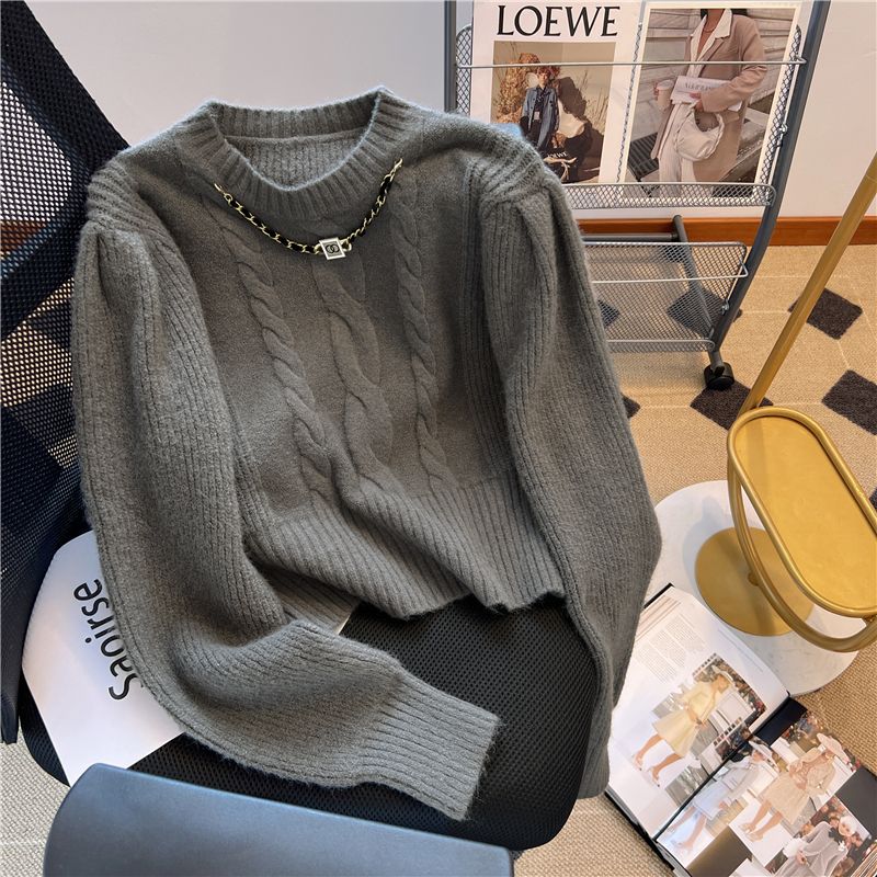 2022 Women Autumn New Casual Fashion Round Neck Sweater Lady Chain High Waist Popularity All-match Elegance Knitting Top alx