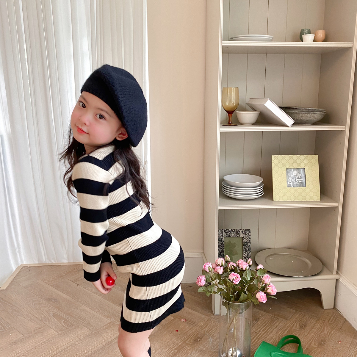 2713C Children Clothes Girl’s Sweater Skirt Autumn 2022 New Korean Girl’s Sweater Pullover Striped Slim Dress alx